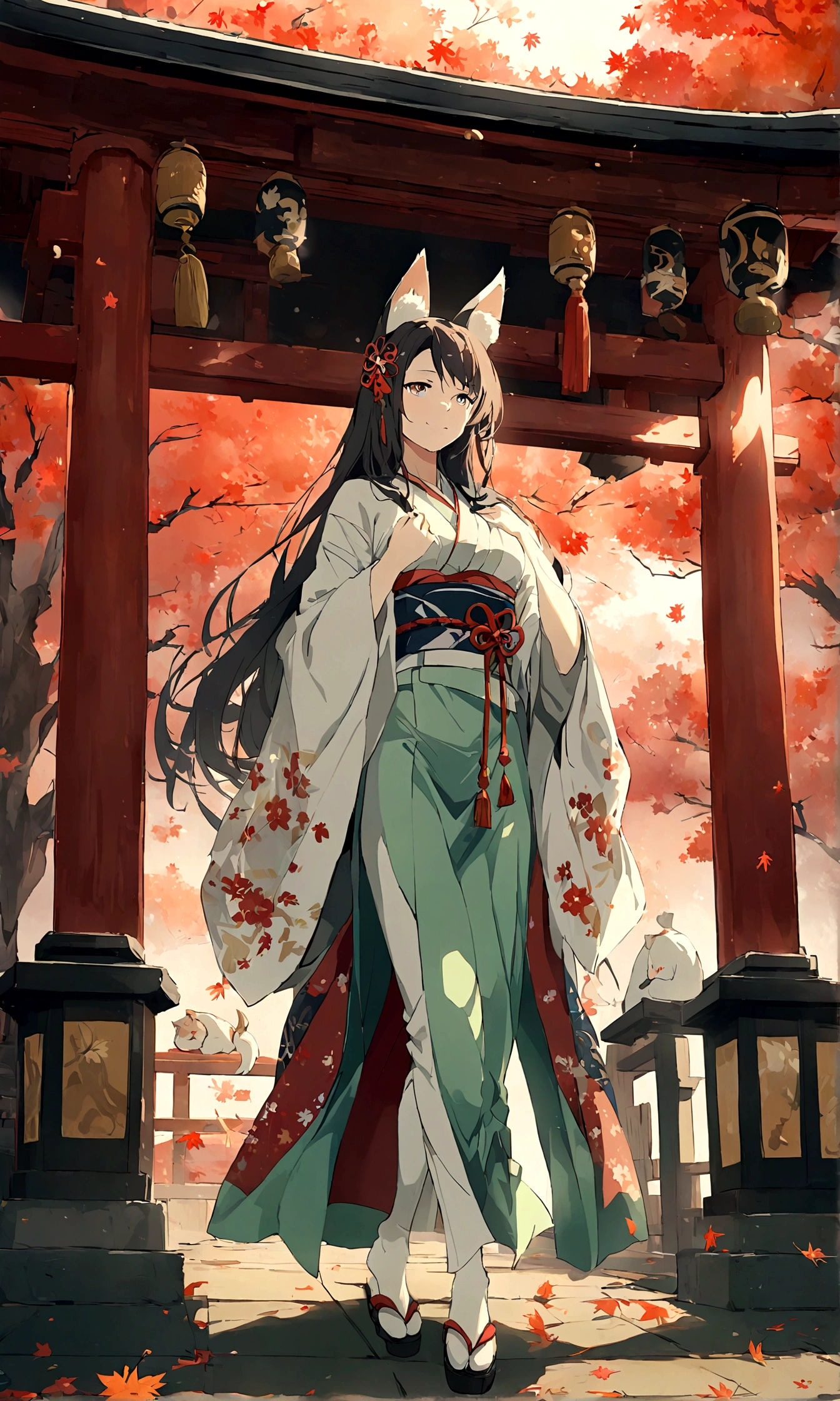 (Fox ears),Mature and elegant,身穿kimono的女性、Long hair,(kimono,White tabi and geta),shrine,Shrine maiden,Gentle smile,美丽的shrine风景,Autumn,maple,Anime Background,Japanese art style,, 8K,fallen leaves