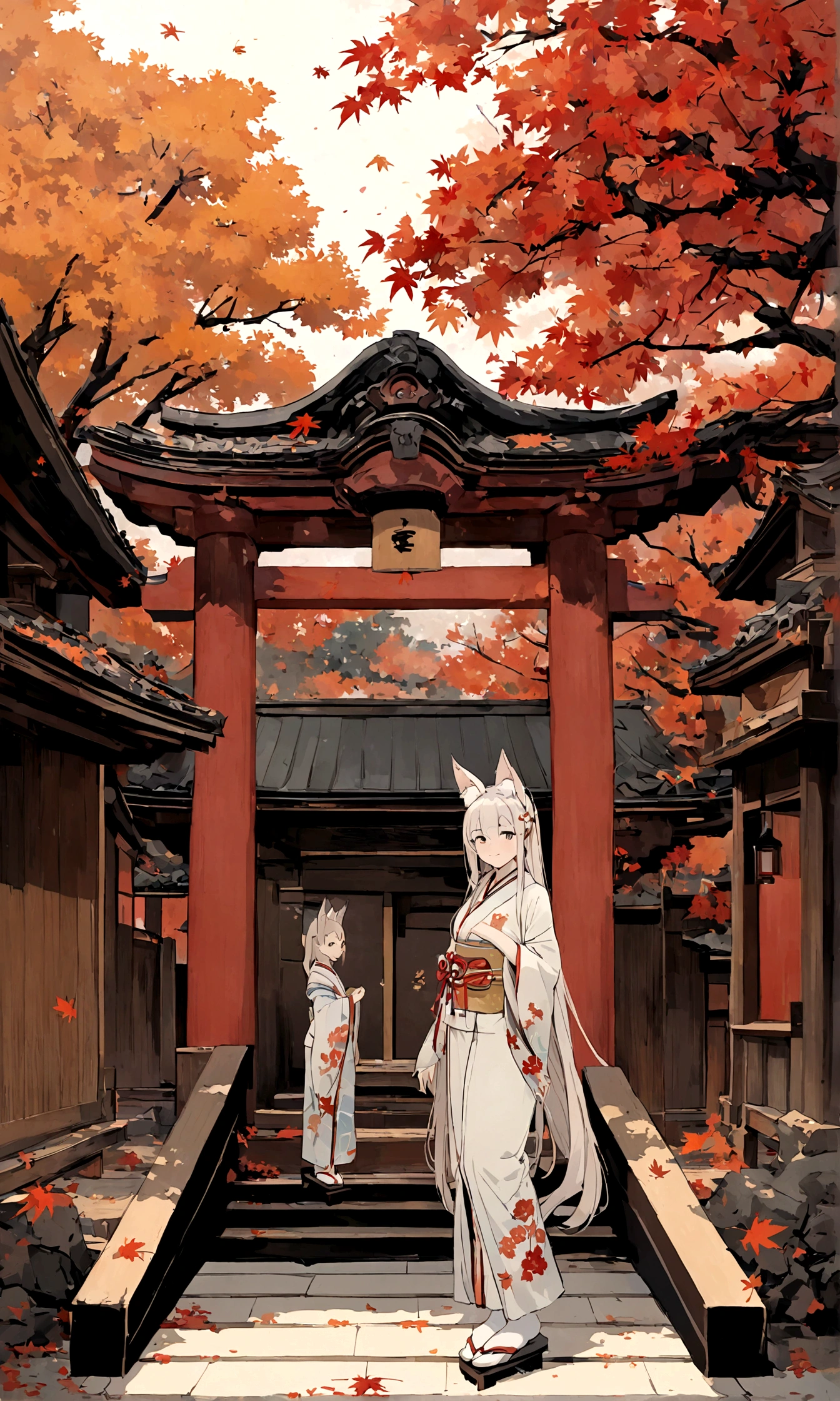 (Fox ears),Mature and elegant,身穿kimono的女性、Long hair,(kimono,White tabi and geta),shrine,Shrine maiden,Gentle smile,美丽的shrine风景,Autumn,maple,Anime Background,Japanese art style,, 8K,fallen leaves