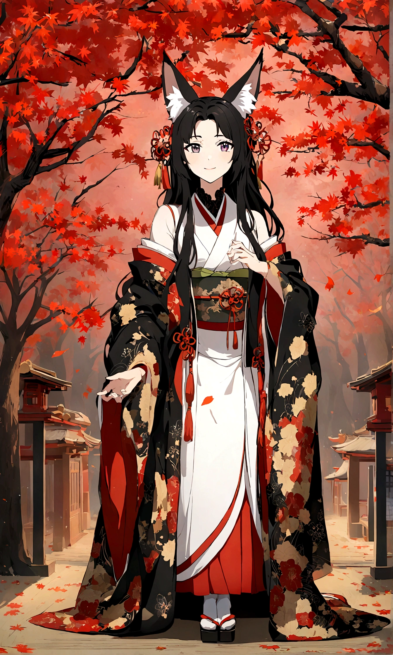 (Fox ears),Mature and elegant,身穿kimono的女性、Long hair,(kimono,White tabi and geta),shrine,Shrine maiden,Gentle smile,美丽的shrine风景,Autumn,maple,Anime Background,Japanese art style,, 8K,fallen leaves