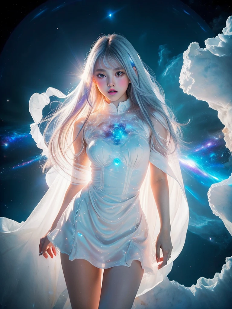 4K Ultra HD, masterpiece, A girl with a magical aura, Nice face, Long Hair, Shiny Hair, Fine grain, Glossy lips, Nude 1.5, Aura around the body, Magical Effects, Spreading white light, Cosmic elements and ethereal atmosphere, A mix of bright lights and colorful nebulae, Space Background,, Full Body Capture.(((Whitening 1.5)))、Silver Hair、(((Wearing white cloth 1.5)))、Hair and fabric fluttering in the wind、、Full Body Shot、Open your mouth、(((1.5)))、