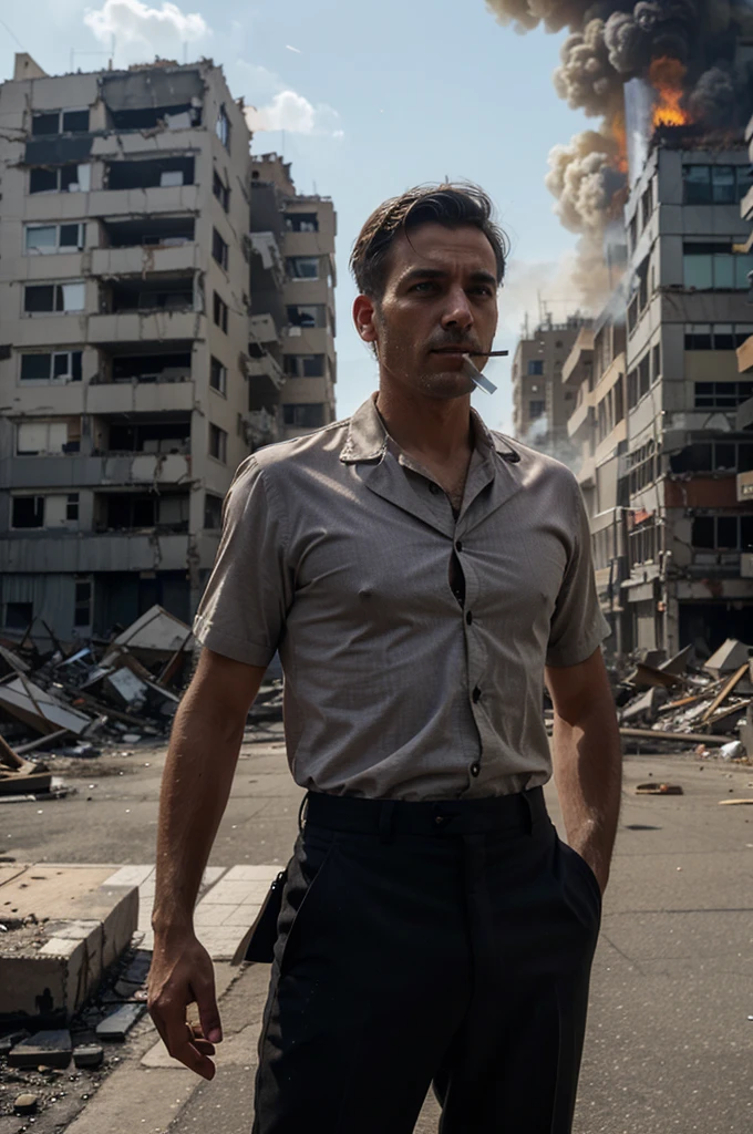 a neat man wearing a shirt in the city of demolition, post-war city background, smoke, fire
