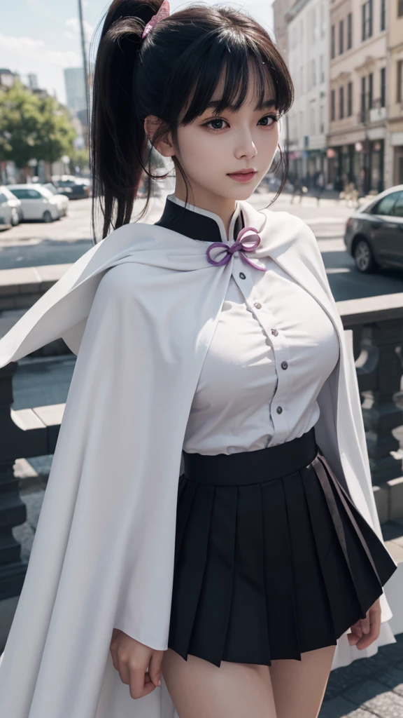 Top quality, 8k, 32k, Masterpiece, photorealistic, realistic, (photorealistic:1,4), solo, slight smile, dramatic lighting, professional makeup, breasts, (natural big breasts: 1.3), (seductive), beautiful white face shining, beautiful face, pink cheeks, beautiful lips, porcelain skin, detail intricate, super detailed, super high, highest detailed, high detailed, delicate, incredible detailed, fine detailed, cinematic lighting, top quality, smooth and beautiful, CG, unity, 8k wallpaper, Stunning, fine detail, unity CG wallpaper 8k ultra-detailed, large file size, ultra-detailed, high resolution, incredible detail, stunning detail, depth of field, kanaotsuyuri, kanao tsuyuri, black hair, butterfly, butterfly hair ornament, (purple eyes:1.1), side ponytail, ponytail,
BREAK black skirt, cape, demon slayer uniform, long sleeves, pleated skirt, skirt, white cape,
BREAK looking at viewer,