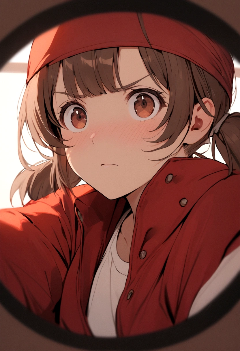 Girl with brown hair, short pigtails, bangs, red headband, brown eyes, wearing red jumpsuit, white t-shirt inside