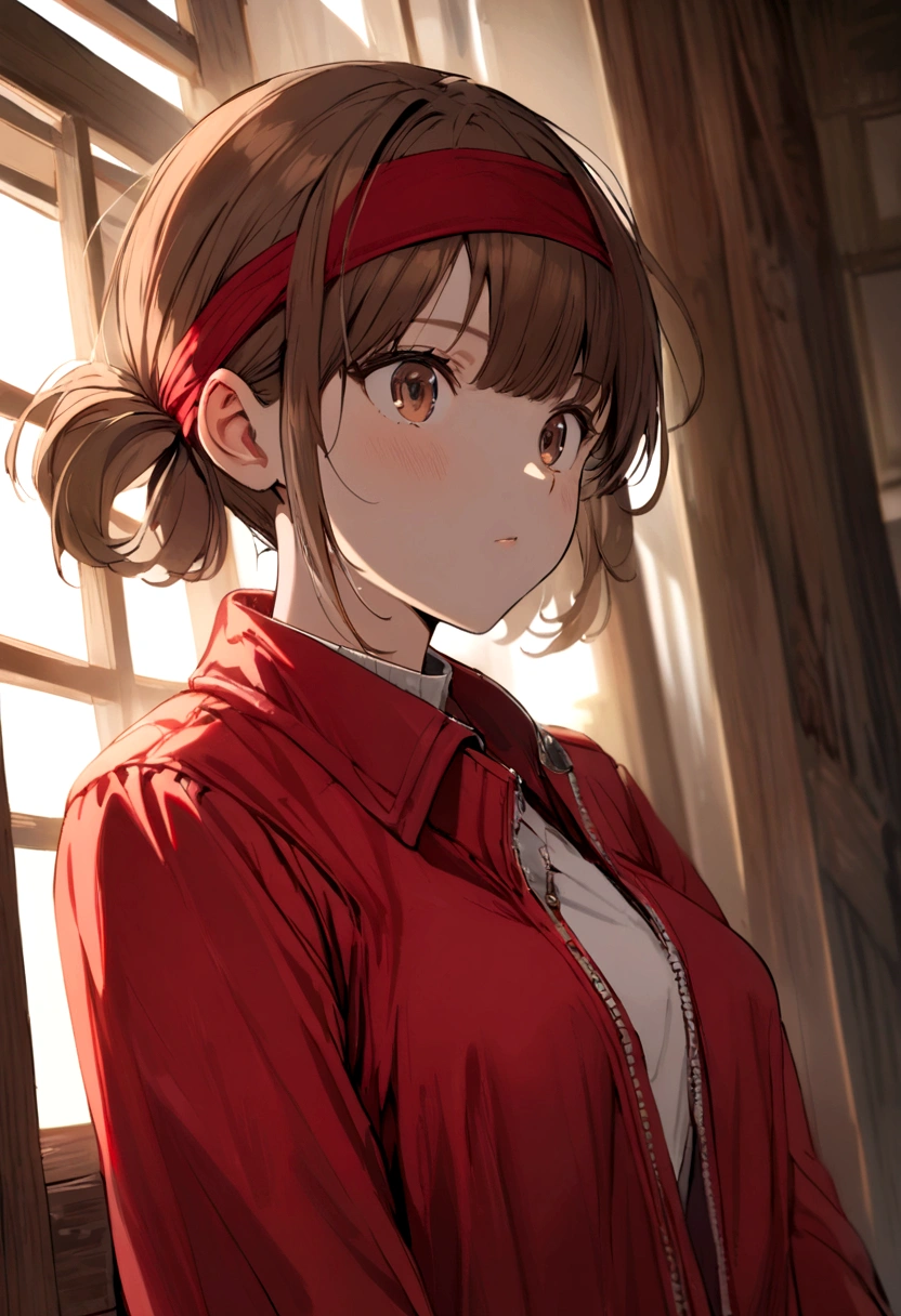 Girl with brown hair, short pigtails, bangs, red headband, brown eyes, wearing red jumpsuit, white t-shirt inside
