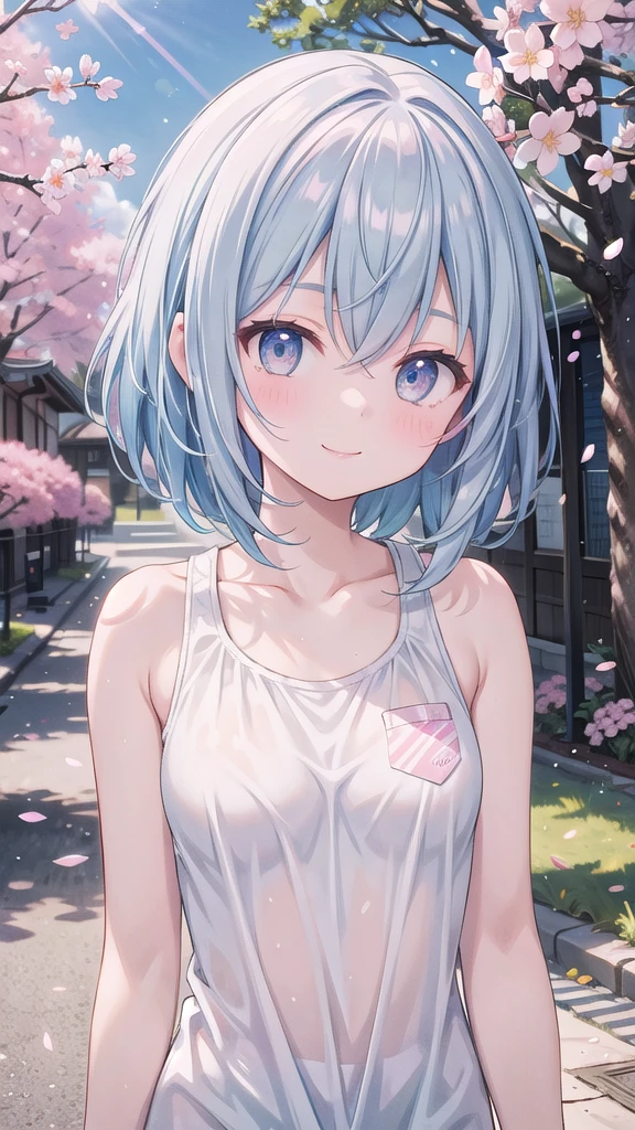 (masterpiece), Going out, cherry blossoms, Outdoor, One girl,Tank Top ,Medium Hair, Light blue hair, smile, Medium chest, Particles of light, Speckled sunlight