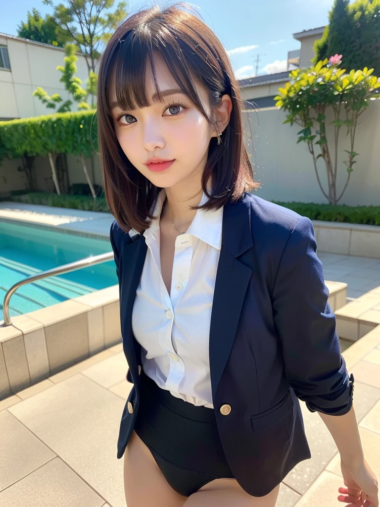 ((Best of the highest quality, 8k, Masterpiece: 1.3, raw photo)), Sharp focus: 1.2, (1 AESPA, slim body type female, 21 y/o: 1.1), (Solo: 1.2), (realistic, photo-realistic:1.37), face focus, cute face, finely eyes, (droopy eyes: 1.32), (Emphasize prominent aegyo-sal with bright: 1.2), shimmering eyeshadow applied under the lower lash line, paired with thick, (small breasts, flat chest, Thigh: 1.3), (wet hair, short bob, bangs: 1.28), (wet body, wearing wet navy blazer and wet shirt of school uniform, panties: 1.32), (ribbon: 1.2), walking terrace dining, sun light, flower, arms up,