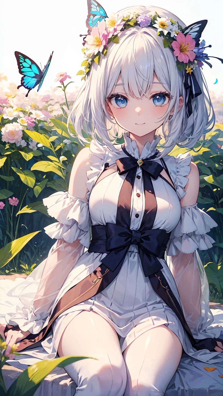 (masterpiece、highest quality) 、 anime girl with blue eyes and white hair, in a field with a lot of butterfly、Adorable smile、looking at the camera、put flowers and leaves on your head、digitalis, best anime 4k konachan wallpaper, top rated on pixiv