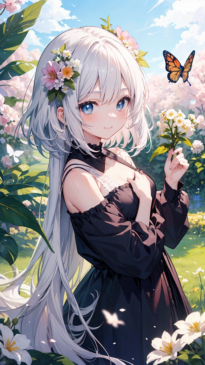 (masterpiece、highest quality) 、 anime girl with blue eyes and white hair, in a field with a lot of butterfly、Adorable smile、looking at the camera、put flowers and leaves on your head、digitalis, best anime 4k konachan wallpaper, top rated on pixiv