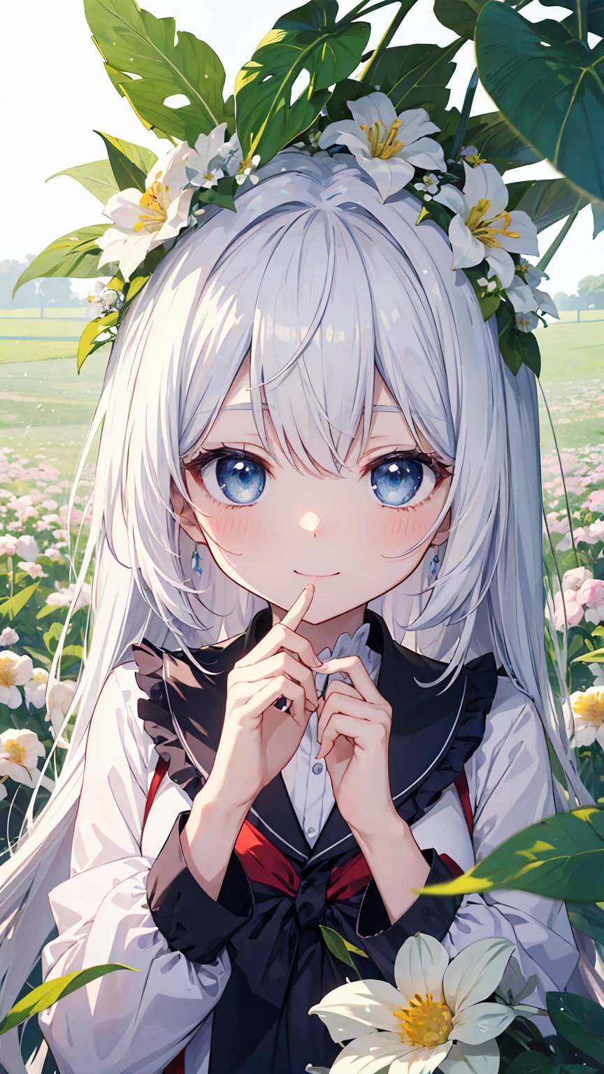 (masterpiece、highest quality) 、 anime girl with blue eyes and white hair, in a field with a lot of butterfly、Adorable smile、looking at the camera、put flowers and leaves on your head、digitalis, best anime 4k konachan wallpaper, top rated on pixiv