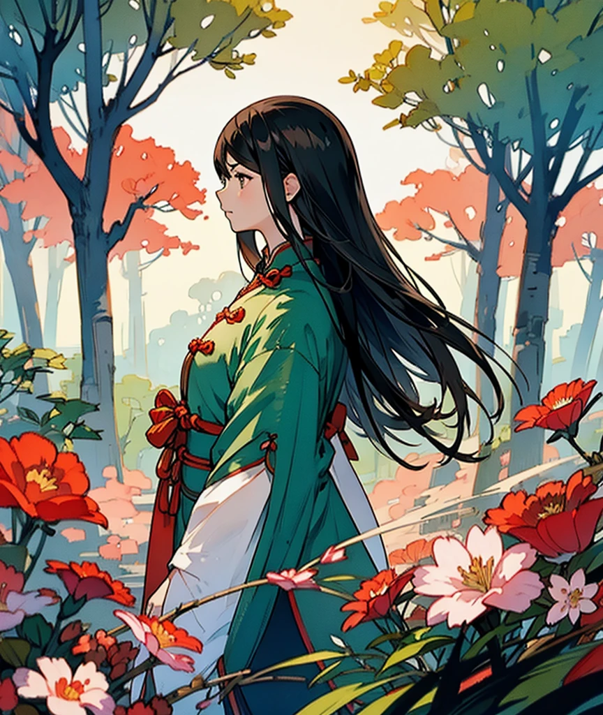 Fighter、Girl、Black Hair、Chinese clothing、forest、Upper Body、profile、
