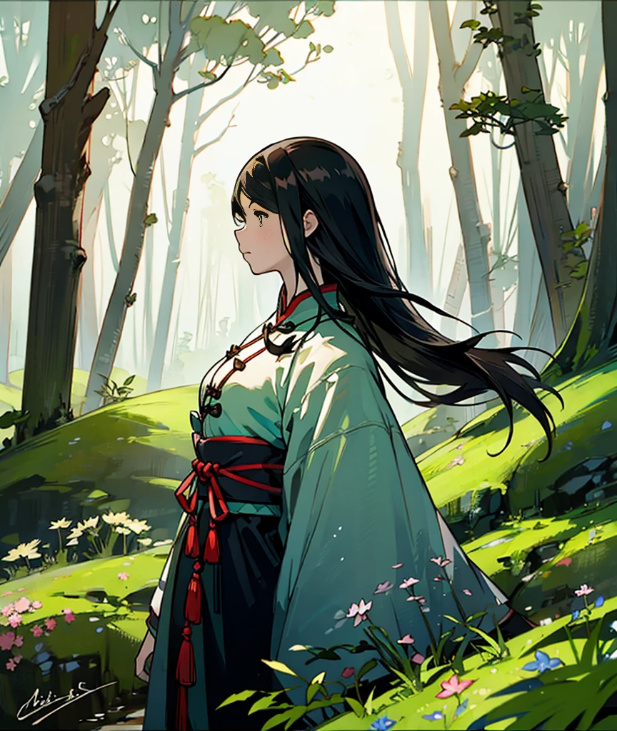 Fighter、Girl、Black Hair、Chinese clothing、forest、Upper Body、profile、