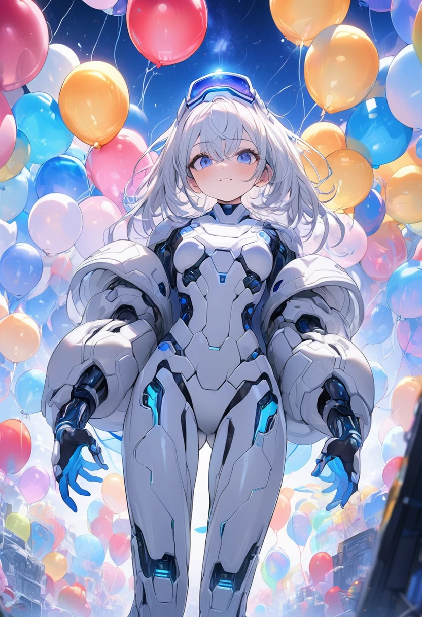 Real CG art of the creative world,A picture of a cyborg girl chasing colorful balloons in a cyber world.The girl has long white hair Blue and white cyborg style body,Body with a lot of exposed machinery,Clear blue neon light from the suit,No decoration on the head, a cyber space like the anime Ghost in the Shell,At the end of the cyber space, there are lights and many colorful balloons.The girl is reaching out and chasing the balloon,The girl's beautiful hair texture, beautiful face,Beautiful depiction of the cyber suit mechanism,Beautiful depiction of balloons,The feeling of no writing in the cyberspace,A perspective looking up at the balloon from below.(Masterpiece, Best Quality, 4k, 8k,1.2) Ultra Detail