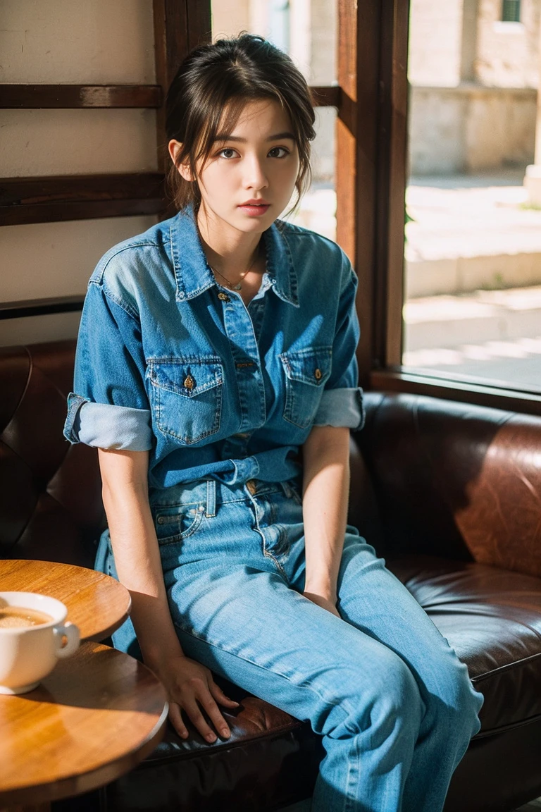 (best quality, 8k, masterpiece:1.3), 1girl, casual outfit, denim shirt, short hair, natural light, sitting in a cafe, full body shot
