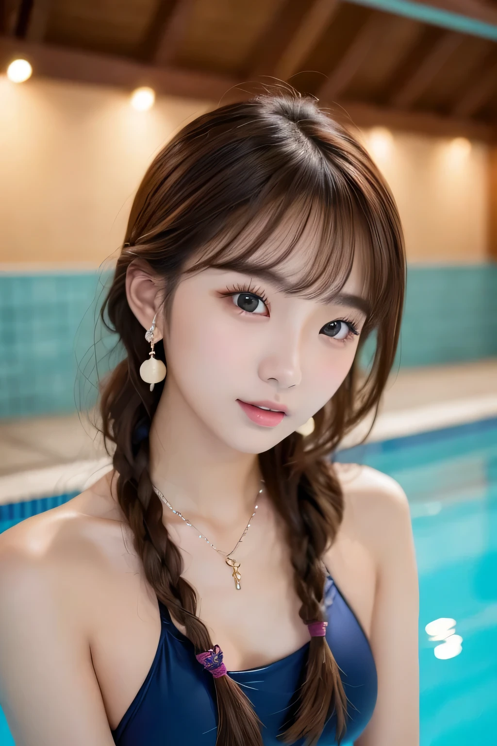 Beautiful Young Woman of the Year、 Korean women、Brown Hair、Necklace around the neck、Woman in swimsuit、Tie your hair back、Open your mouth a little、hair band、Intricate details, Very detailed:1.2), 、 Looking into the camera,background is indoor pool、ear piercing

