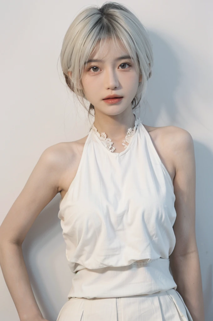 Beautiful woman with perfect figure:1.4，Ultra-high resolution，White background，（lifelike：1.4），Layered Hairstyle，White skin，Bikini:1.5，Super short pleated skirt，whole body，Very delicate face and skin texture，Double eyelids，Skin Whitening，short hair，White hair