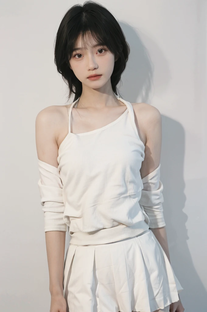 Beautiful woman with perfect figure:1.4,Ultra-high resolution,White background,(lifelike:1.4),Layered Hairstyle,White skin,Bikini:1.5,Super short pleated skirt,whole body,Very delicate face and skin texture,Double eyelids,Skin Whitening,short hair,White hair