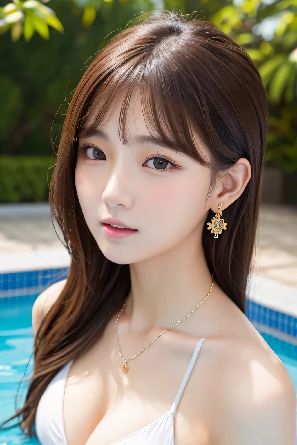 Beautiful Young Woman of the Year、 Korean women、Brown Hair、Necklace around the neck、Woman in swimsuit、Tie your hair back、Open your mouth a little、hair band、Intricate details, Very detailed:1.2), 、 Looking into the camera,background is indoor pool、ear piercing