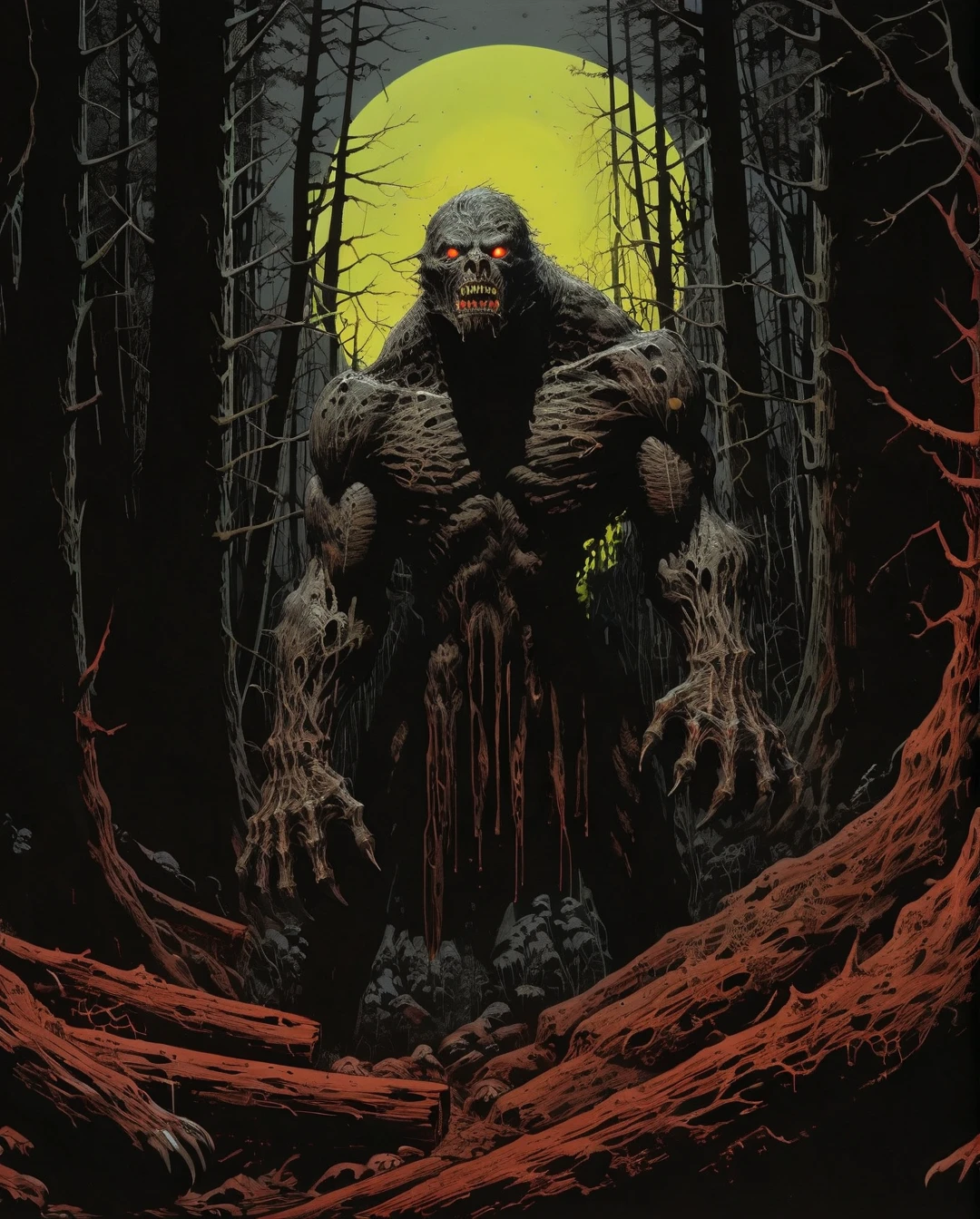 (((Masterpiece))) A huge bipedal werewolf with glowing green eyes stands in a moonlit forest clearing. Its mouth is agape and its huge fangs glisten. The entire scene is bathed in silver moonlight. Fog drifts between the tree trunks. ,monster,., maximalist art, by Moebius and Hariton Pushwagner, (ambient occlusion, masterful, beautiful), poster art, bold lines, hyper detailed, expressive, award winning, (landscape:1.4), (intricate details, masterpiece, best quality:1.4), looking at viewer, dynamic pose, wide angle view, in the style of nicola samori , futuristic style, sleek, ultra modern, high tech, ornate by Moebius and by Marc Simonetti, clean lines, geometric shapes, Minimalist color scheme of red and cyan
mkitdecy, rust, cracks brutalism, style by Tom Jung and Drew Struzan and Tim and Greg Hildebrandt, ((style by artgerm and Greg Manchess and Ilya Kuvshinov))