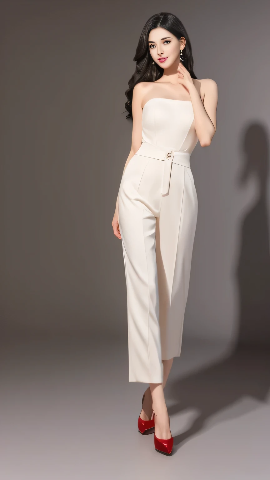 masterpiece, best quality, (CG Unity 8k wallpaper with extremely detailed faces), (best quality), (Best Illustration), (Best shadow),  Isometric 3D, Octane Rendering, Ray tracing, Super detailed，Tall、The elegant beauty attracted my attention。She was wearing a black suit，Pair with a pair of white high waist trousers，Looks very capable。She wears a pair of black high heels on her feet，Make her posture more upright。

Her makeup is exquisite，The eyebrows are slender and natural，Eye makeup is deep and charming。Her lips are painted with bright red lipstick，Make the whole makeup more outstanding。Her hair was draped over her shoulders，Supple and shiny。

Her posture is confident and elegant，Walking lightly and leisurely。She occasionally touched her hair with her hands.，Showing a charming feminine charm。Her smile is warm and sweet，People can&#39;t help but fall for it。

The whole clothing、Matching makeup and posture，Make her look stylish and elegant，Full of feminine charm and confidence。