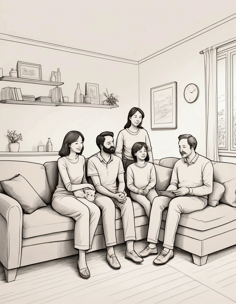Simple line drawing of a family or group of people in a domestic setting, with subtle details to add depth. line illustration style