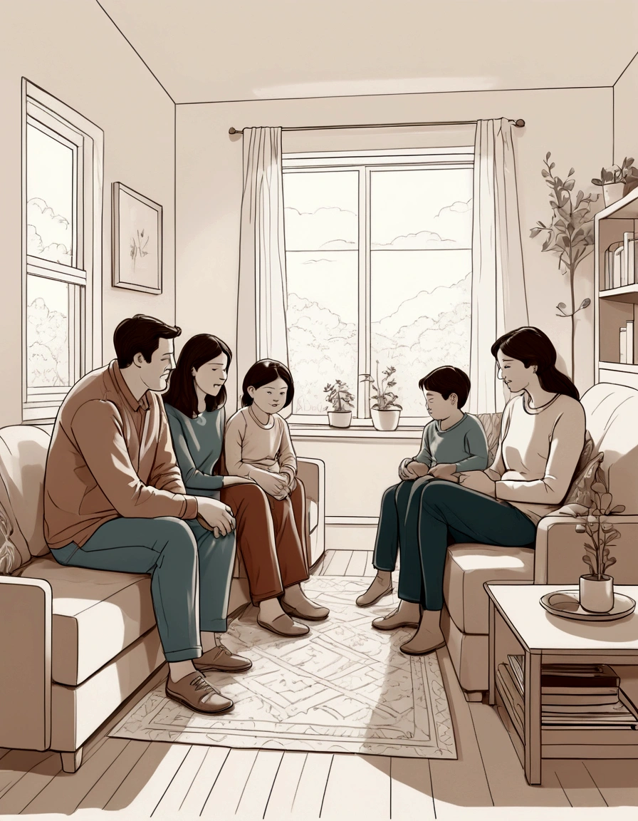 Simple line drawing of a family or group of people in a domestic setting, with subtle details to add depth. line illustration style