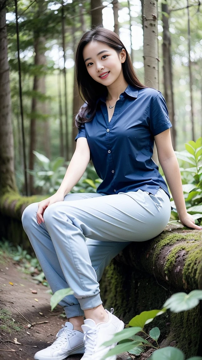 masterpiece, best quality, Surreal, Ultra Detailed, 8k resolution, RAW photos, Clear focus, (A girl in the forest), ((navy blue shirt:1.1)), Short sleeve, Long sweatpants,Full body posture, Solitary, Perfect body, Become a, 32 inches in the chest,(a charming smile:1), (sexy pose),26 years old, light,White shoes