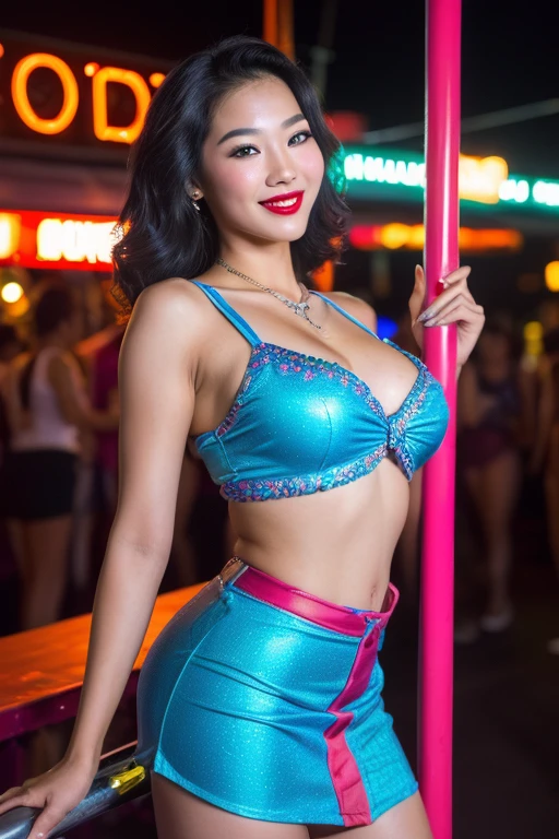(((2 thai girls facing each other))), sexy two girls, strikingly beautiful, black hair, big breasts, delicate facial features, porcelain skin, red lips, eyes hook the soul seduces you, ((masterpiece, amazing quality)), (unity 8k wallpaper), (absurdres), (ultra detailed, ultra highres:1.5), (pole dancers), light blue stewardess uniform, colorful tight pencil mini skirt, Pin Up hairstyle, ((awe and joy expression)), (pole dance stage), on the stage, high stage, crowded people, full body, from front, Pumpui Bar Bangla Road Phuket Thailand, night, neon, looking at viewer,