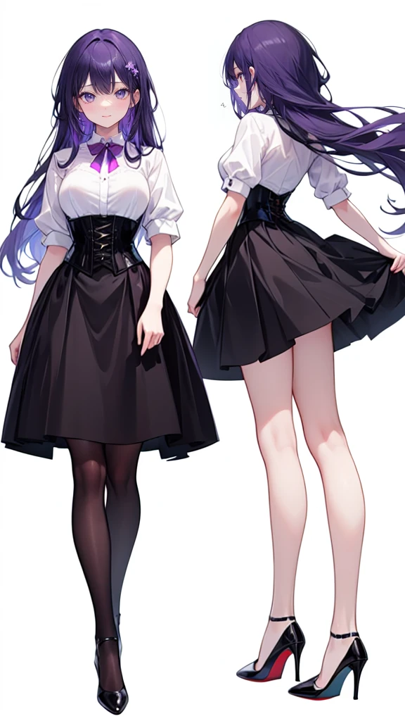 Purple Hair,Super long hair with volume,Adult female,(suit),White Y-shirt,((Rolling up his sleeves)),(corset),(Black skirt),(Slim silhouette skirt),(High heels),Heels are visible,((Simple white background)),smile,((whole body)),((full body)),Character Sheet,