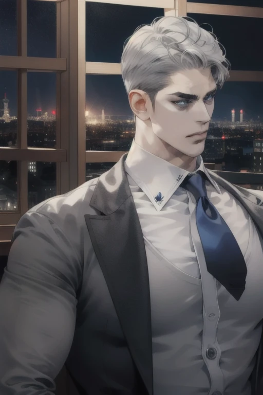 (absurd, hd, super detailed), (1 male, single, adult, mature: 1.4, age: 1.4, tall, handsome), fine eye and face portrayal, extremely short hair, grey hair, hair oil, distinct hair, blue eyes, (pointed chin: 1.4, thick neck: 1.4, thick eyebrows: 1.4), BREAK, night, dark, night view of the city through large windows, shirt, suit, break, upper body,