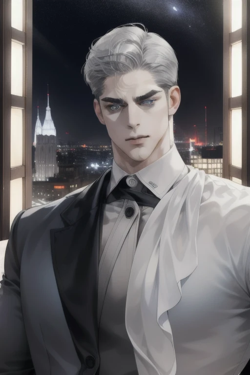 (absurd, hd, super detailed), (1 male, single, adult, mature: 1.4, age: 1.4, tall, handsome), fine eye and face portrayal, extremely short hair, grey hair, hair oil, distinct hair, blue eyes, (pointed chin: 1.4, thick neck: 1.4, thick eyebrows: 1.4), BREAK, night, dark, night view of the city through large windows, shirt, suit, break, upper body,