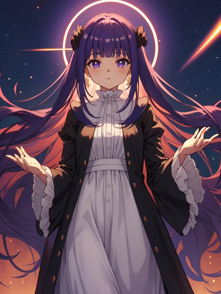 whole body, Dynamic pose, 1 girl,alone,Purple Hair,Long Hair,Purple eyes,Blunt bangs,Side Lock,Half Up Hair,Bright Eyes, hair ornaments,Frill collar,Black Robe,White Dress,Center frill,button,Wide sleeves,Long sleeve,bent,Cowboy Shot, Looking at the audience, and highest quality,((highest quality)),((Tabletop)),((Perfect Face)),Get used to it５Two fingered hand,1 girl,(Background Blur), ((Holographic)),1 girl,milky way, (Stripes of light), Impressive visuals, (Dynamic Streaks, Path of Light:1.2), Bright colors,