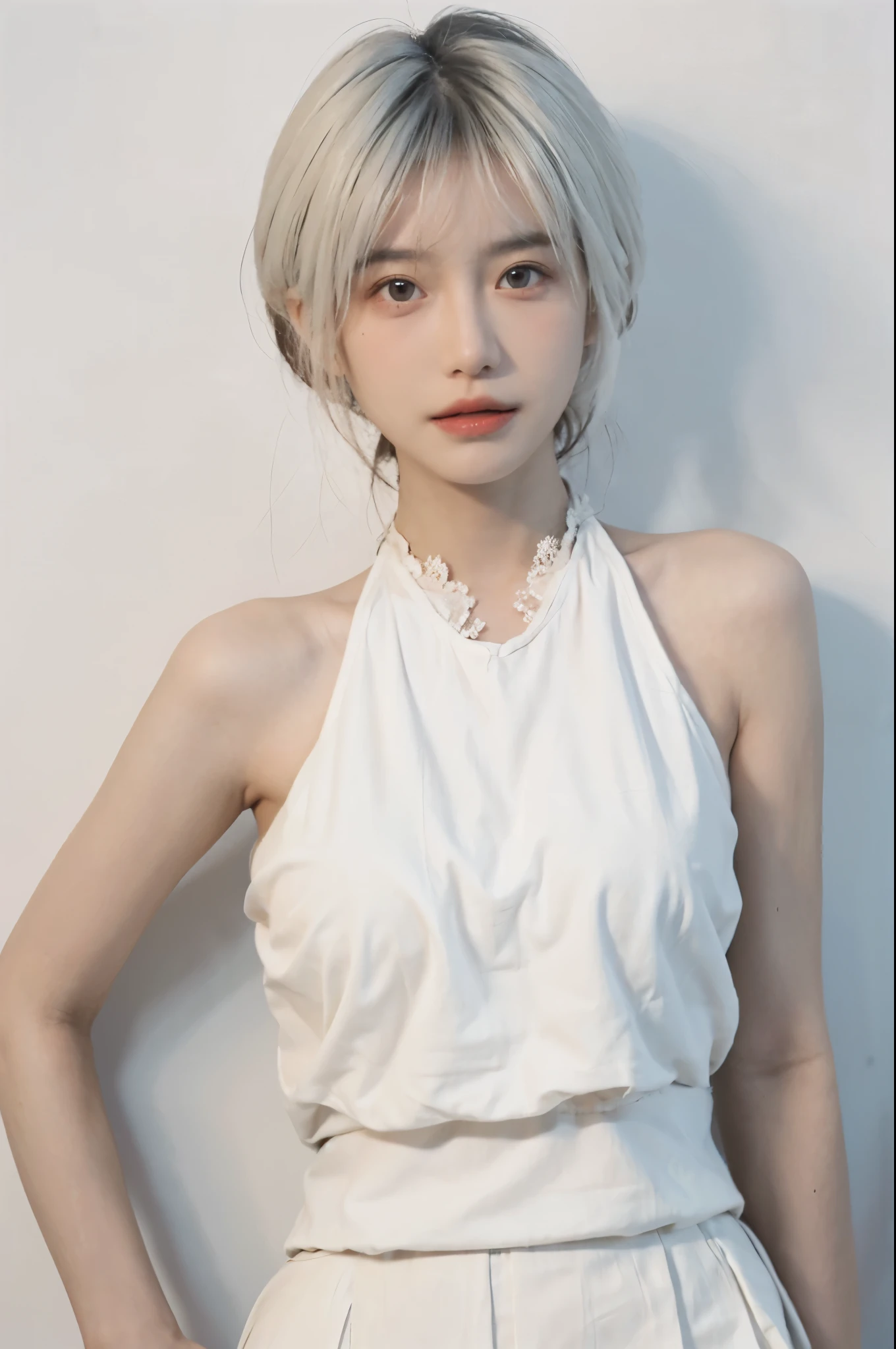 Beautiful woman with perfect figure:1.4,Ultra-high resolution,White background,(lifelike:1.4),Layered Hairstyle,White skin,Bikini:1.5,Super short pleated skirt,whole body,Very delicate face and skin texture,Double eyelids,Skin Whitening,short hair,White hair