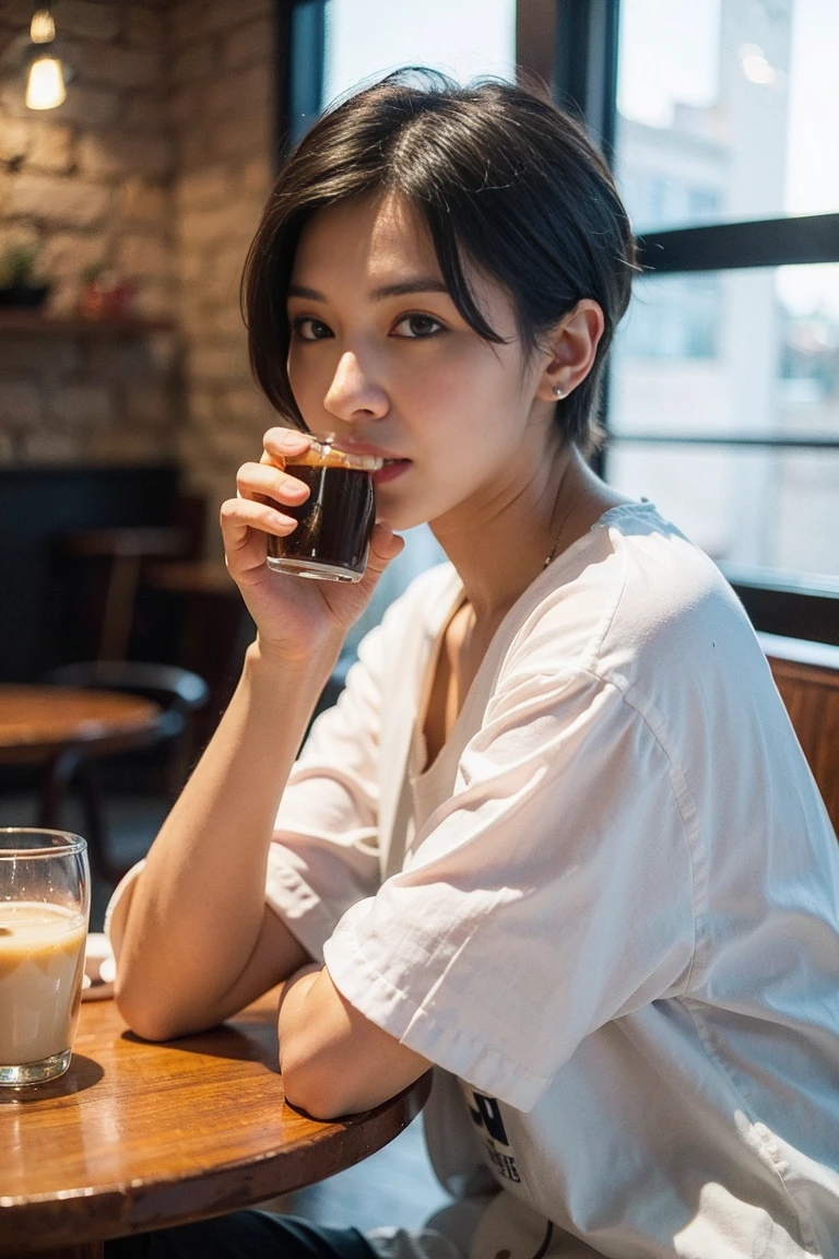 (best quality, 8k, masterpiece:1.3), 1girl, stylish outfit, drinking coffee, in a trendy cafe, short hair, rim light, upper body shot