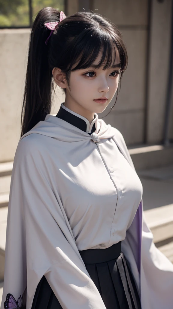 Top quality, 8k, 32k, Masterpiece, photorealistic, realistic, (photorealistic:1,4), solo, slight smile, dramatic lighting, professional makeup, breasts, (natural big breasts: 1.3), (seductive), beautiful white face shining, beautiful face, pink cheeks, beautiful lips, porcelain skin, detail intricate, super detailed, super high, highest detailed, high detailed, delicate, incredible detailed, fine detailed, cinematic lighting, top quality, smooth and beautiful, CG, unity, 8k wallpaper, Stunning, fine detail, unity CG wallpaper 8k ultra-detailed, large file size, ultra-detailed, high resolution, incredible detail, stunning detail, depth of field, kanaotsuyuri, kanao tsuyuri, black hair, butterfly, butterfly hair ornament, (purple eyes:1.1), side ponytail, ponytail,
BREAK black skirt, cape, demon slayer uniform, long sleeves, pleated skirt, skirt, white cape,
BREAK looking at viewer,