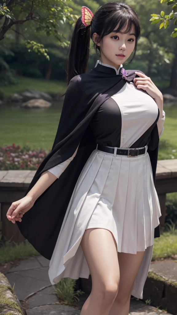 Top quality, 8k, 32k, Masterpiece, photorealistic, realistic, (photorealistic:1,4), solo, slight smile, dramatic lighting, professional makeup, breasts, (natural big breasts: 1.3), (seductive), beautiful white face shining, beautiful face, pink cheeks, beautiful lips, porcelain skin, detail intricate, super detailed, super high, highest detailed, high detailed, delicate, incredible detailed, fine detailed, cinematic lighting, top quality, smooth and beautiful, CG, unity, 8k wallpaper, Stunning, fine detail, unity CG wallpaper 8k ultra-detailed, large file size, ultra-detailed, high resolution, incredible detail, stunning detail, depth of field, kanaotsuyuri, kanao tsuyuri, black hair, butterfly, butterfly hair ornament, (purple eyes:1.1), side ponytail, ponytail, 
BREAK black skirt, cape, demon slayer uniform, long sleeves, pleated skirt, skirt, white cape,
BREAK looking at viewer,