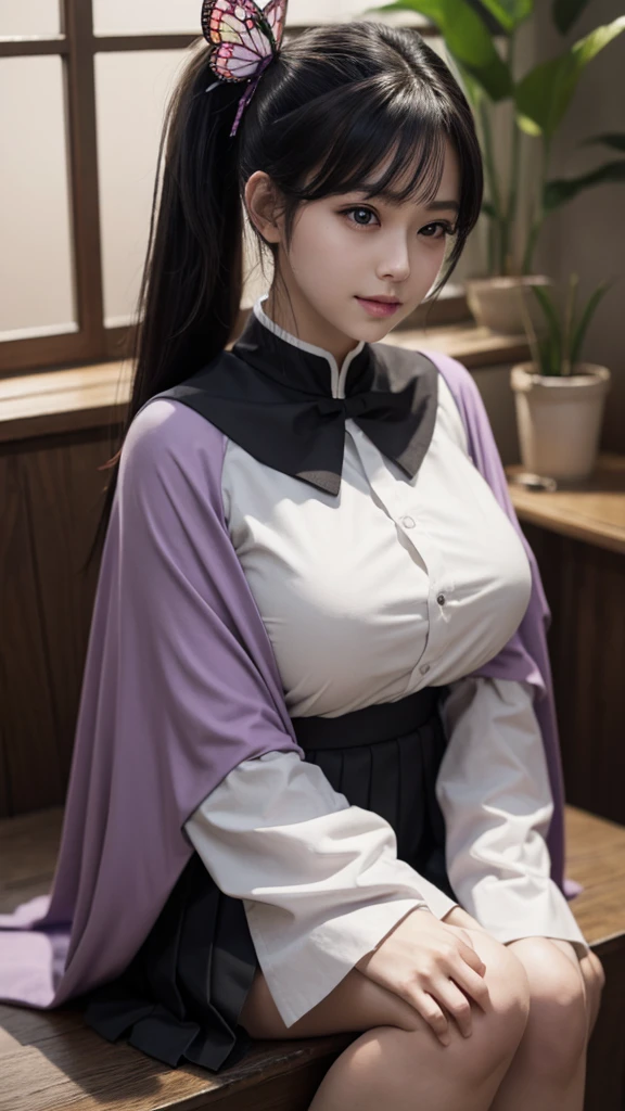 Top quality, 8k, 32k, Masterpiece, photorealistic, realistic, (photorealistic:1,4), solo, slight smile, dramatic lighting, professional makeup, breasts, (natural big breasts: 1.3), (seductive), beautiful white face shining, beautiful face, pink cheeks, beautiful lips, porcelain skin, detail intricate, super detailed, super high, highest detailed, high detailed, delicate, incredible detailed, fine detailed, cinematic lighting, top quality, smooth and beautiful, CG, unity, 8k wallpaper, Stunning, fine detail, unity CG wallpaper 8k ultra-detailed, large file size, ultra-detailed, high resolution, incredible detail, stunning detail, depth of field, kanaotsuyuri, kanao tsuyuri, black hair, butterfly, butterfly hair ornament, (purple eyes:1.1), side ponytail, ponytail,
BREAK black skirt, cape, demon slayer uniform, long sleeves, pleated skirt, skirt, white cape,
BREAK looking at viewer,