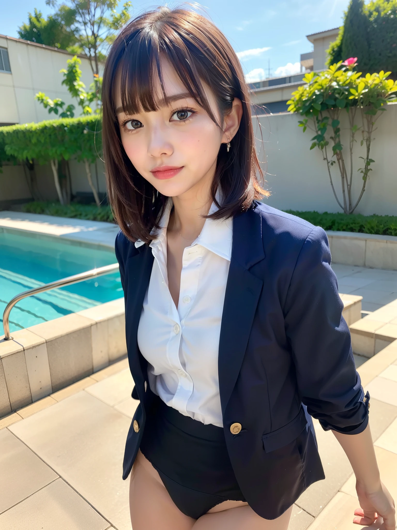 ((Best of the highest quality, 8k, Masterpiece: 1.3, raw photo)), Sharp focus: 1.2, (1 AESPA, slim body type female, 21 y/o: 1.1), (Solo: 1.2), (realistic, photo-realistic:1.37), face focus, cute face, finely eyes, (droopy eyes: 1.32), (Emphasize prominent aegyo-sal with bright: 1.2), shimmering eyeshadow applied under the lower lash line, paired with thick, (from behind: 1.16), (small breasts, flat chest, Thigh: 1.3), (short bob, bangs: 1.2), (wearing navy blazer and shirt of school uniform, panties: 1.32), walking the pool, sun light, flower