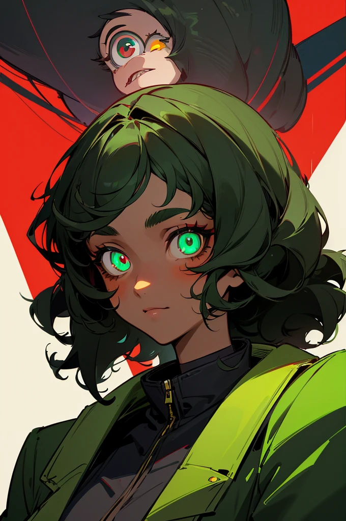 highres, anime, masterpiece, 1girl, solo, militar jacket, green jacket, red paints on cheek, cyberpunk, glowing eyes, dark skin, black hair, medium hair, afro hair, curly hair,, bright green eyes, black jacket, best quality, best face, (((((best eyes))))), ((good_mood))