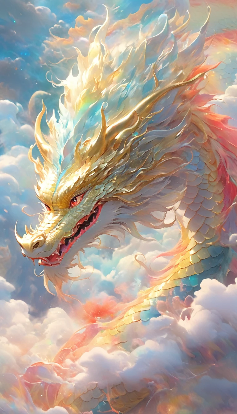 A dragon rises from the sea of clouds、Carrying great happiness、A giant gold and red body、High detail、high resolution、High color rendering、High resolution、Surreal、Realistic、Rainbow-colored、Pastel colored scales