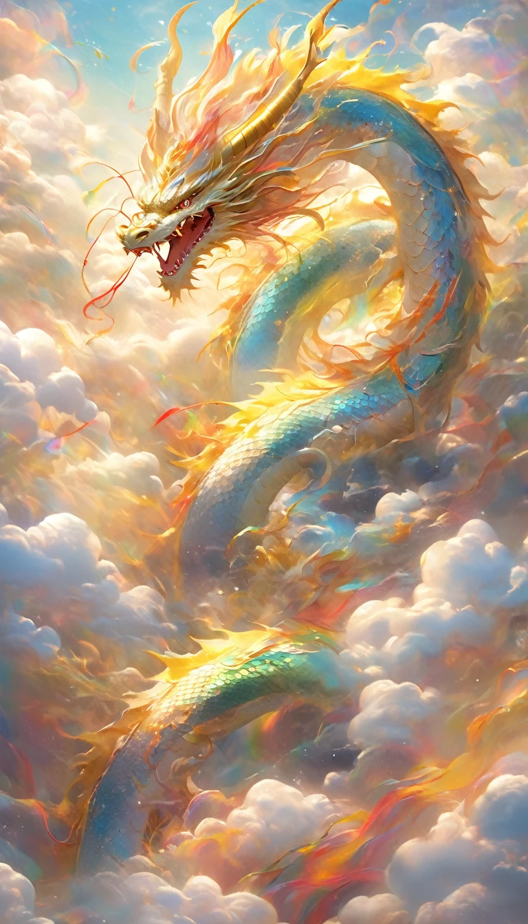 A dragon rises from the sea of clouds、Carrying great happiness、A giant gold and red body、High detail、high resolution、High color rendering、High resolution、Surreal、Realistic、Rainbow-colored、Pastel colored scales