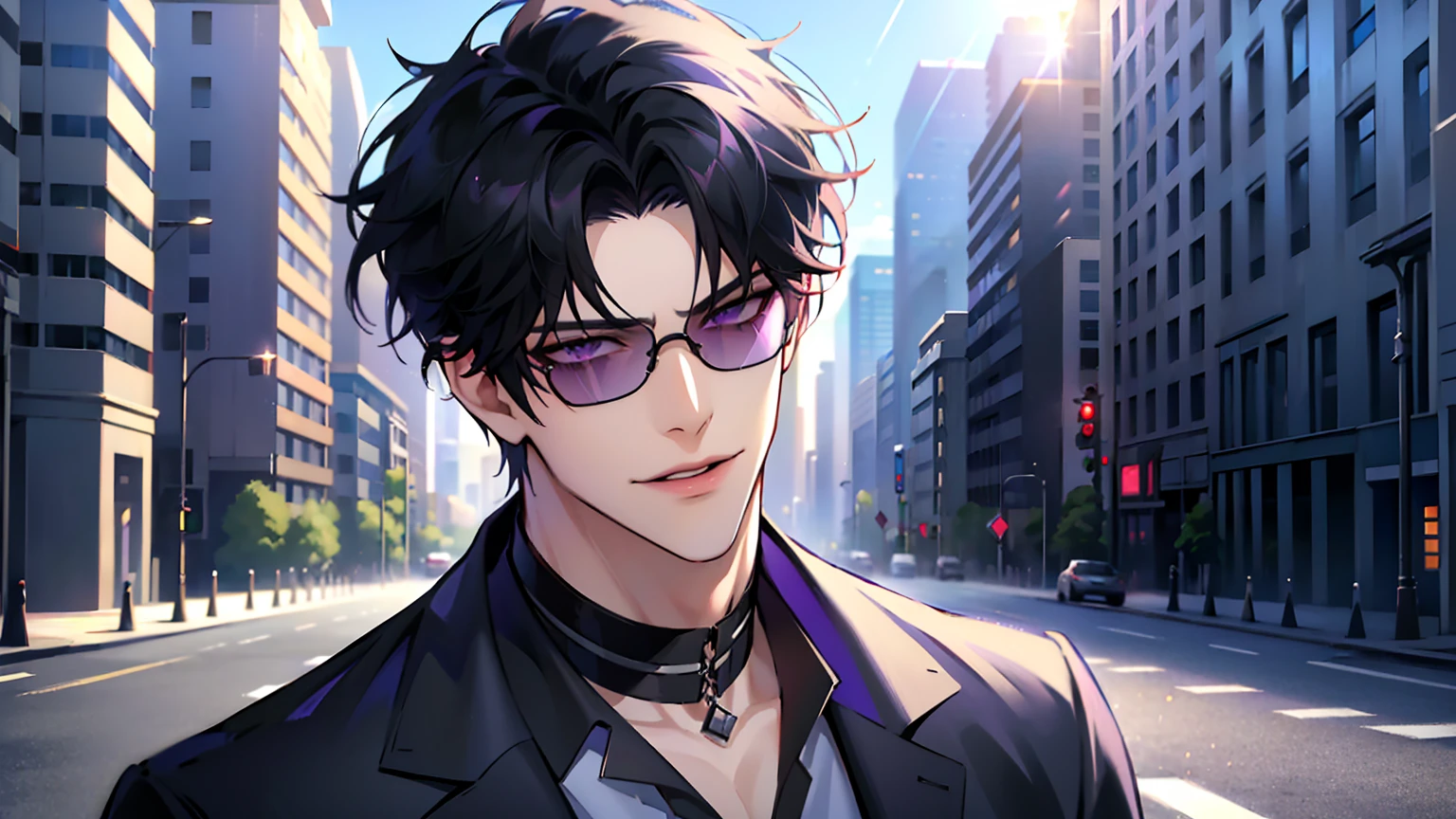 (masterpiece, 4k, high quality:1.3), 1boy, solo, short hair, black hair, asymmetrical fringe, purple eyes, handsome, sharp eyes, (mature male, mature:1.2), male focus, fashionable, tucked in open purple collared shirt, necklace, smile, city, street, sunshine, ((sunglasses)), windy