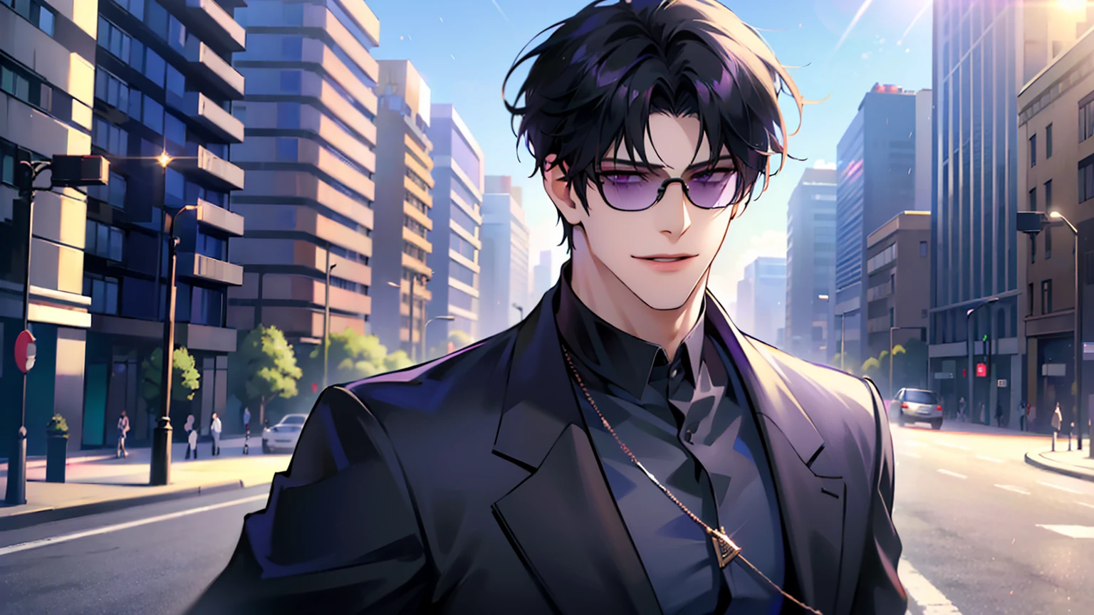 (masterpiece, 4k, high quality:1.3), 1boy, solo, short hair, black hair, asymmetrical fringe, purple eyes, handsome, sharp eyes, (mature male, mature:1.2), male focus, fashionable, tucked in open purple collared shirt, necklace, smile, city, street, sunshine, ((sunglasses)), windy