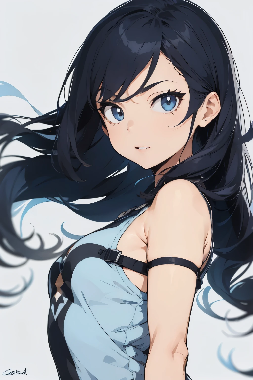 mujer de piel clara, cara ovalada, light blue slanted eyes with long upper eyelashes, cabello negro azabache, largo y lacio con flequillo recto, estilo de dibujo Boku no Hero Academia