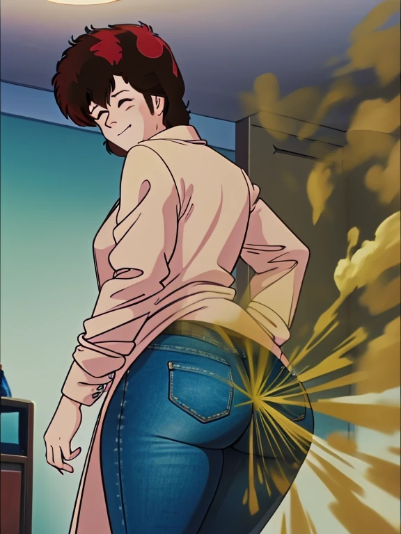 HD, high quality, high resolution, ultrahd,Kaori Makimura, 1female, wearing default outfit, light pink shirt, white coat, wearing coat over tshirt, jeans, default hair, brown hair, very tall body, thin body, massive fart, yellow smoke, velocity, closed eyes, leaning, viewing ass, embarrassed, smiling, clenching teeth, alone in a room, beautiful lighting, highlights