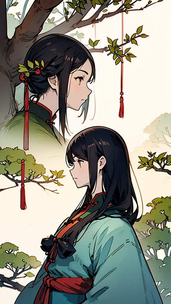 Chinese clothing、Upper Body、profile、Black Hair、forest、Girl