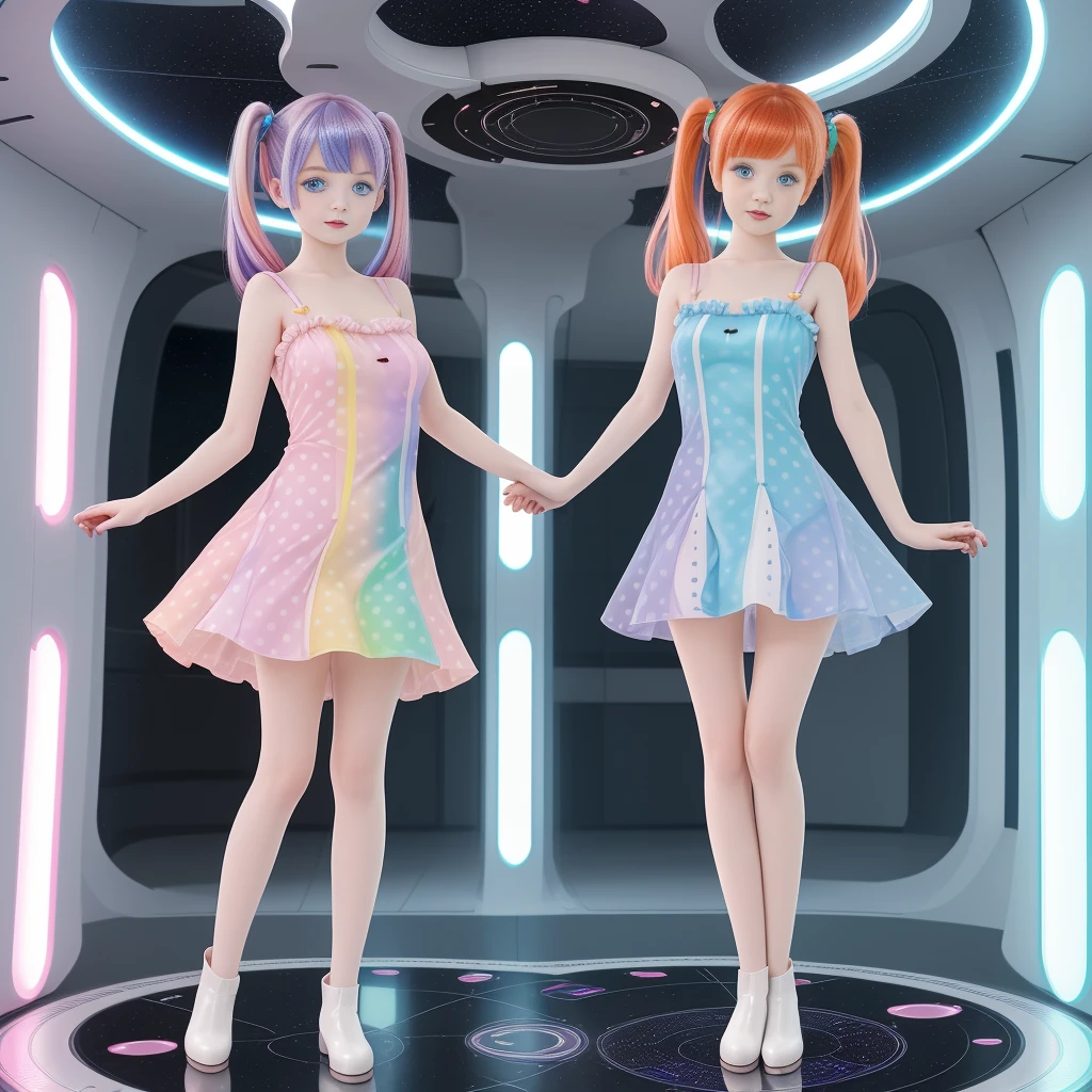Cute redhead, gravure Idol, with rainbow colored hair tips, ribbons in her hair, 18-year-old woman, happy, in twin tails, perfect symmetrical eyes, clear sparkling blue eyes, pale skin, silky smooth skin, standing on a fancy luxurious space ship, large futuristic corridor, control panels, wood trim, decorative plants, warm lighting, wearing a futuristic dress, pleated (chemise) mini dress (pastel rainbow colors, and polka dots), wearing full body pantyhose, cute short cut booties.