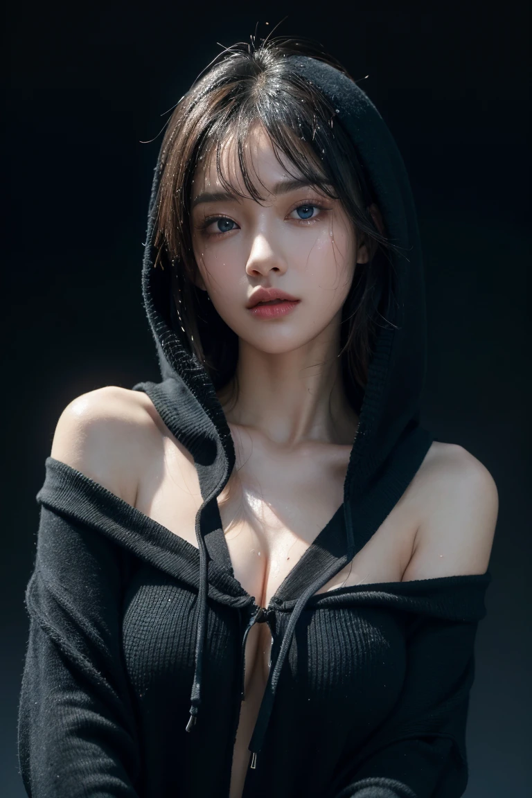 Ultra high resolution,Masterpiece,best quality, Perfect shiny skin, perfect light, lighting details, Stunning shadow, Ray tracing, 1 girl, black sweater, look at viewer, off shoulder, big breasts, The rift revealed, blue eyes, Sharp face, sharp eyes, long bangs, short hair, Village health worker, ((dark background)), Oversized hoodie, wearing a black hoodie, Wearing an ugly black hood, wet (Sweating, soaking wet),
