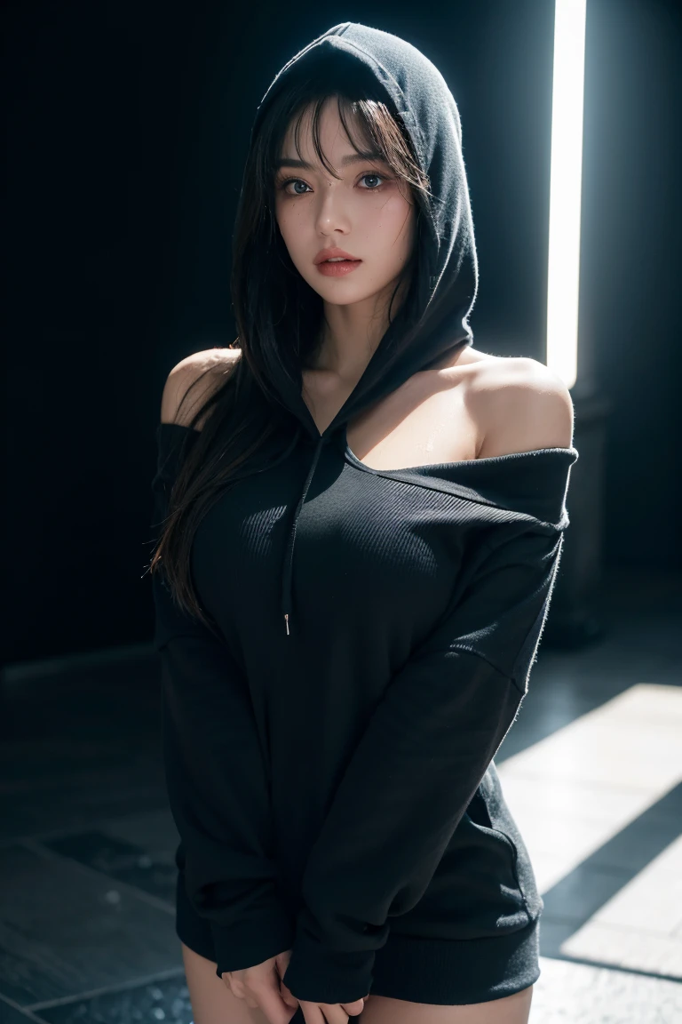 Ultra high resolution,Masterpiece,best quality, Perfect shiny skin, perfect light, lighting details, Stunning shadow, Ray tracing, 1 girl, black sweater, look at viewer, off shoulder, big breasts, The rift revealed, blue eyes, Sharp face, sharp eyes, long bangs, short hair, Village health worker, ((dark background)), Oversized hoodie, wearing a black hoodie, Wearing an ugly black hood, wet (Sweating, soaking wet),