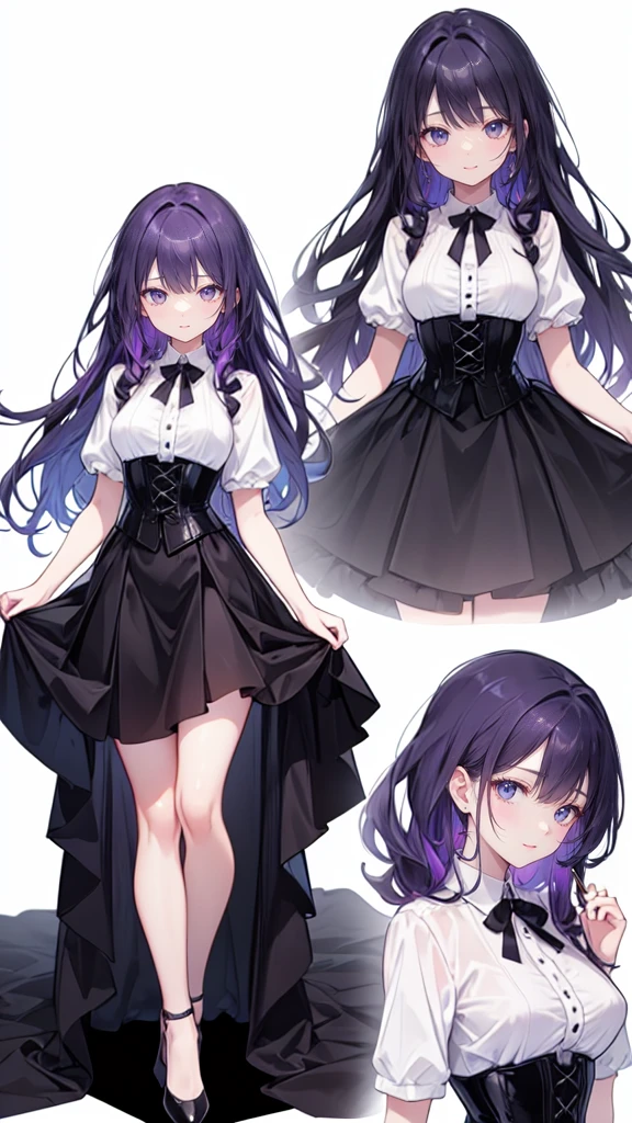 Purple Hair,Super long hair with volume,Adult female,(suit),White Y-shirt,((Rolling up his sleeves)),(corset),(Black skirt),(Slim silhouette skirt),(High heels),Heels are visible,((Simple white background)),smile,((whole body)),((full body)),Character Sheet,