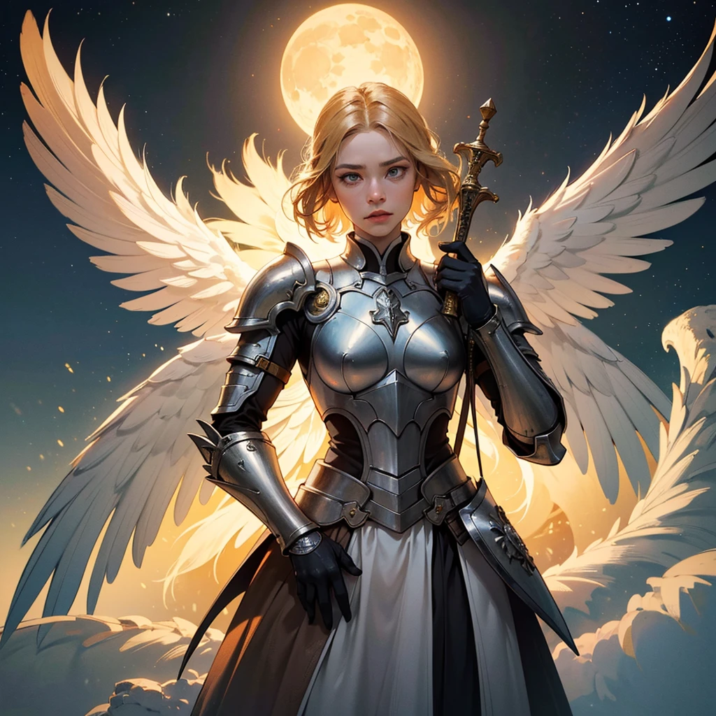 16K, ultra detailed, masterpiece, best quality, (extremely detailed), arafed, dnd art, portrait, full body, aasimar, female, (Masterpiece 1.3, intense details), female, paladin, holy warrior fighting undead (Masterpiece 1.3, intense details) large angelic wings, white angelic wings spread (Masterpiece 1.3, intense details), dark fantasy cemetery background, moon light, moon, stars, clouds, wearing white armor (Masterpiece 1.3, intense details), holy symbol, armed with sword, short blond hair, masculine, detailed face, (Masterpiece 1.5, best quality), anatomically correct (Masterpiece 1.3, intense details), angel_wings, determined face, god rays, cinematic lighting, glowing light, silhouette, from outside, photorealism, panoramic view  (Masterpiece 1.3, intense details) , Wide-Angle, Ultra-Wide Angle, 8k, highres, best quality, high details